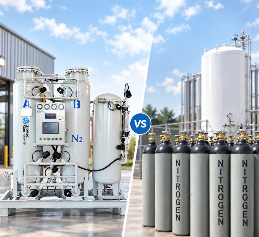 Industrial nitrogen generator and nitrogen gas cylinders at a manufacturing facility